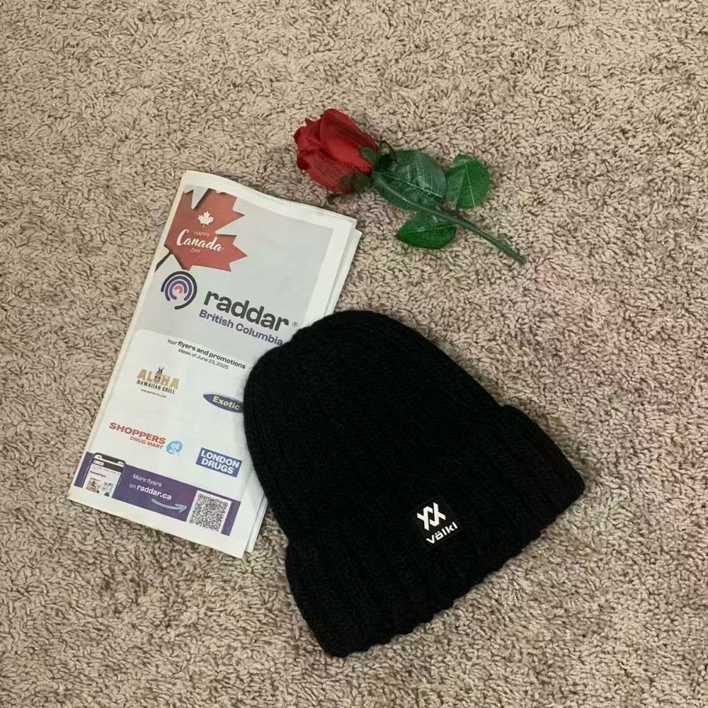 Völkl Black Ribbed Knit Beanie | Unisex Winter Hat | Soft Warm Folded Cuff